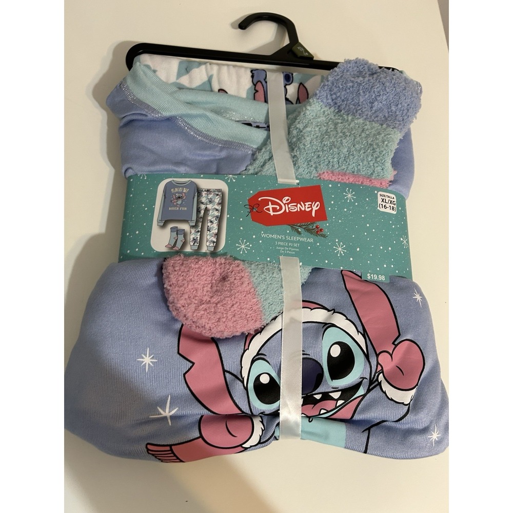 STITCH WOMENS SLEEPWARE 3PC PAJAMA SET SZ XL‎ TOP PANTS SOCKS "SNOW MUCH FUN"